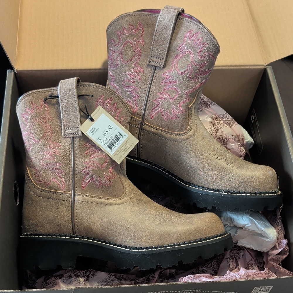 Ariat Fatbaby Brown Bomber Boots with Pink Accents
